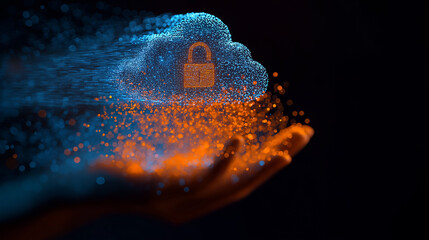 Human hand holding a glowing cloud of digital particles representing cloud computing and data transfer.
