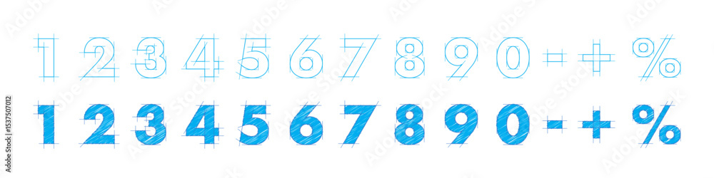 Poster blueprint font. architectural typeface. engineering sketch numbers. technical drawing digits and sym