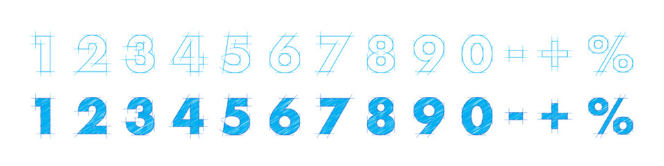 Blueprint font. Architectural typeface. Engineering sketch numbers. Technical drawing digits and symbols with construction lines and shading. Graphic vector illustration.