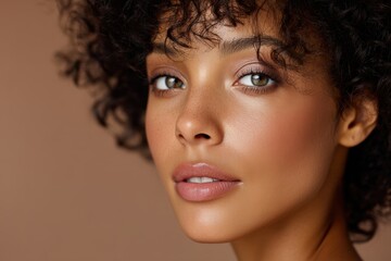 A woman with curly hair gazes confidently at the camera. Her skin is flawless, with subtle makeup highlighting her eyes and lips. The close-up emphasizes her natural beauty and expression