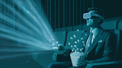 Immersive VR Experience: Man in Suit with Popcorn, Virtual Reality Cinema
