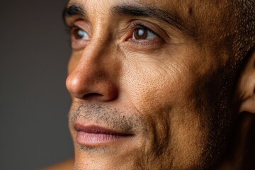 Close-up of a man's face with short hair and visible stubble. Focus on textured skin, deep eyes, and gentle expression. Subtle lighting enhances contours and details vividly