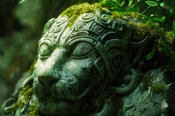 Fototapeta premium Moss covered ancient lion statue with detailed carvings, bathed in soft light surrounded by lush green foliage and peaceful ambiance.