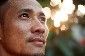 A thoughtful man gazes upward with sunlight filtering through the background, creating a serene atmosphere. His facial expression is contemplative, highlighted by soft natural light