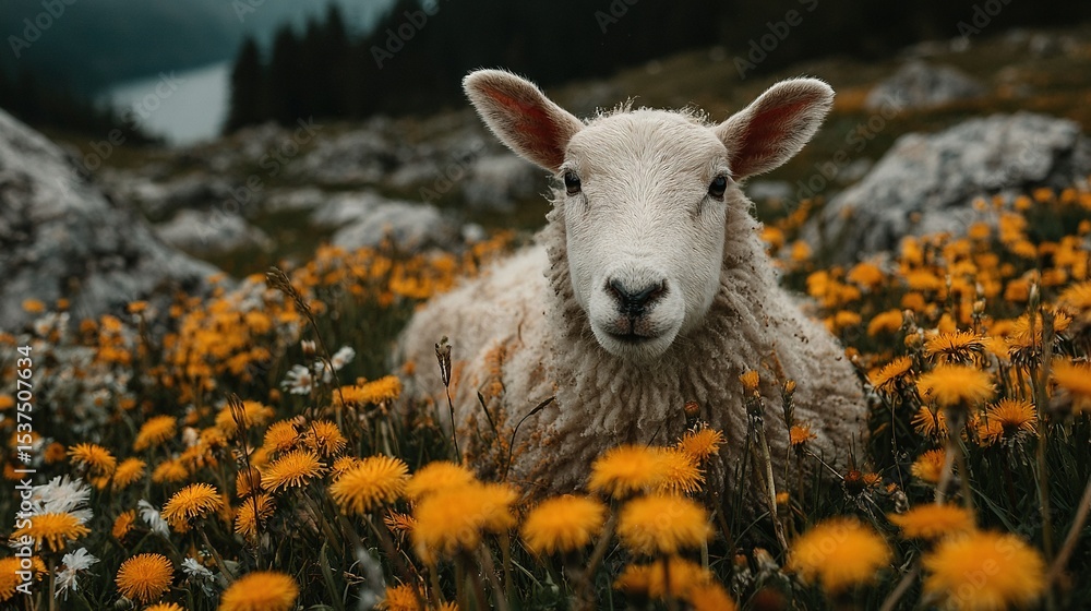 Poster close-up of a sheep in a field of flowers with a mountain in the background of the photo