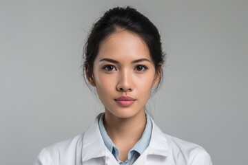 Young woman with dark hair tied back wearing a white coat and light blue shirt, looking directly at the camera with a neutral expression against a simple backdrop