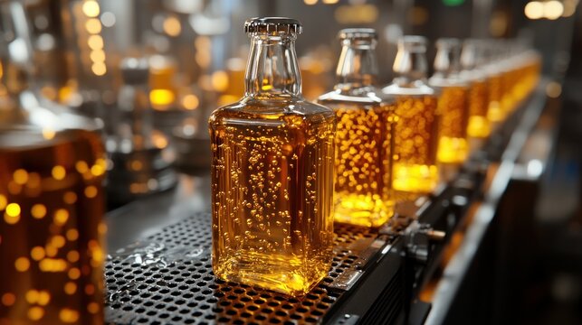 Clear glass bottles of amber liquid, lined up on a conveyor belt in a factory - Powered by Adobe