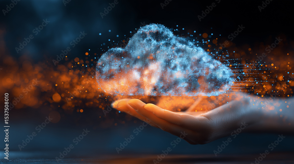 Poster human hand holding a glowing cloud of digital particles representing cloud computing and data transf