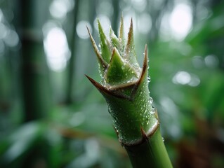 Grass plant with a focus on a fresh green shoot covered in droplets, surrounded by a blurred forest. The sharp thorns contrast with the smooth water droplets, creating texture