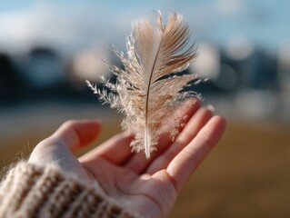 A delicate brown feather is held gently in an outstretched hand wearing a knitted sweater, with a softly blurred background. The scene suggests a peaceful and reflective moment