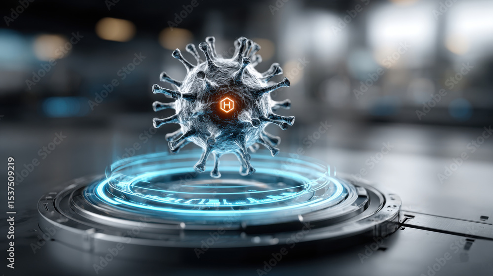 Poster a detailed 3d model of a virus is displayed on a high-tech surface within a modern laboratory.