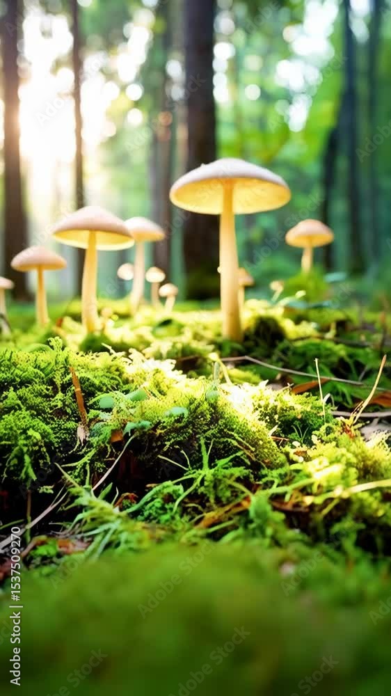 Poster sunlit mushrooms growing on moss in a forest clearing, with blurred trees creating a bokeh effect an