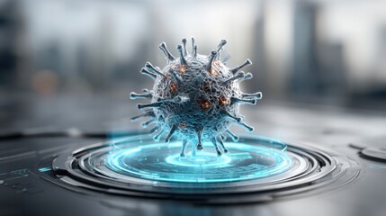 A highly detailed digital model of a virus is displayed on a glowing blue interface, set against an urban skyline background during early morning light, creating a striking contrast.
