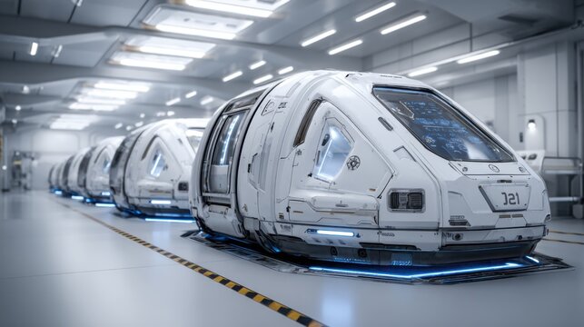 In a sleek, modern facility, several futuristic transportation pods are neatly arranged, illuminated by artificial lights. Each pod displays advanced technology and design. - Powered by Adobe