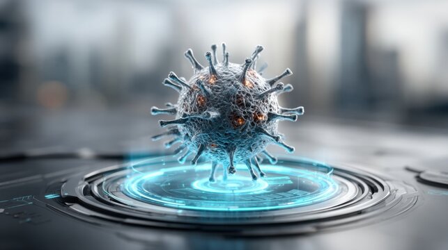 A highly detailed digital model of a virus is displayed on a glowing blue interface, set against an urban skyline background during early morning light, creating a striking contrast.