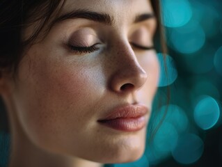 Serene close-up of a woman with freckles and closed eyes, highlighting her smooth skin and natural beauty. The blurred background of teal bokeh lights adds a dreamy effect