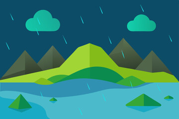Rainy Mountain Landscape A Serene Nighttime Scene of Green Hills and Calm Waters