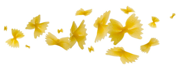 Italian pasta in the form of bows forms a figure in space resembling a loop. Isolated on white.
