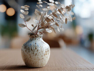 Ceramic vase with dried leaves elegantly displayed on a wooden table. The smooth surface of the vase contrasts with the delicate branches, creating a harmonious blend of textures