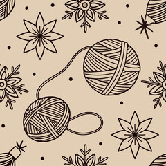 Creative pattern of yarn balls intertwined with floral motifs on a neutral background ideal for textile design projects Generative AI