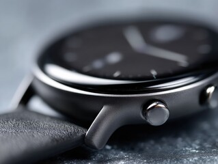 Watch with sleek black face, metallic case and leather strap on textured surface; side button visible. Focus is on the case and leather band, showcasing a minimalist, elegant design