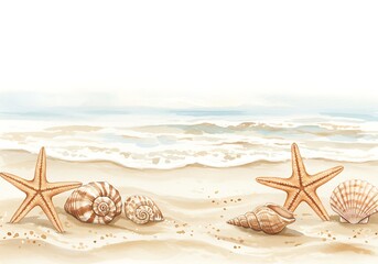 Starfish and seashells on sandy beach with ocean waves in background  