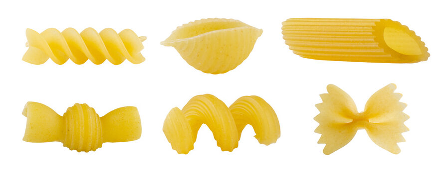 Various types of Italian pasta are collected in a set. Isolated on white