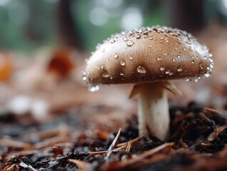 Mushroom with water droplets on its cap growing in forest setting, surrounded by brown soil and blurred green and brown background elements, creating a serene natural atmosphere