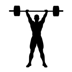 Silhouette of person lifting barbell overhead on white background, strength training illustration