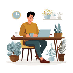Fototapeta premium Cartoon man working on laptop at home desk, vector illustration 