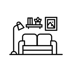 Living Room Icon – Modern Interior Sofa Outline with Lamp and Decor