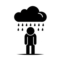 Sad Stick Figure with Rain Cloud Icon – Depression, Stress, Mood Symbol Vector
