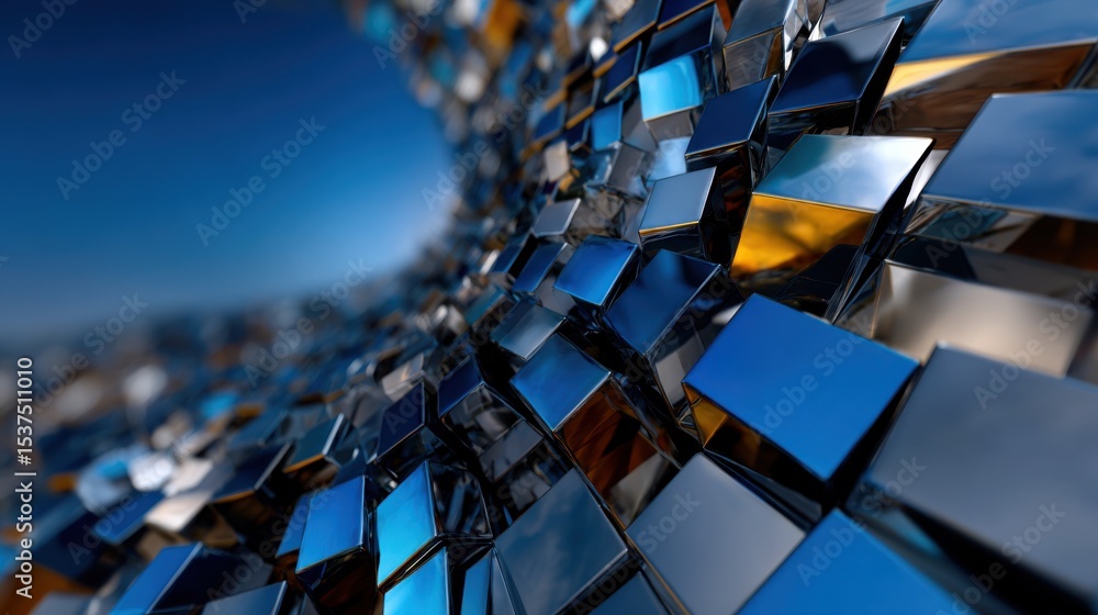 Poster an intricate arrangement of metallic cubes reflects light and creates a mesmerizing pattern against 