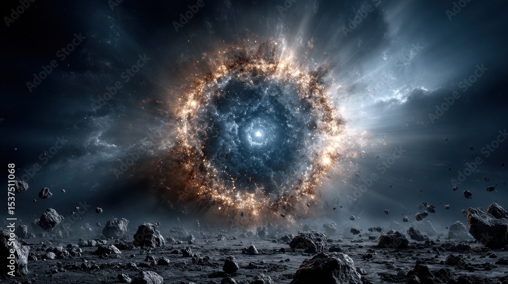 Poster a breathtaking cosmic explosion radiates energy and light in deep space. surrounding asteroids float