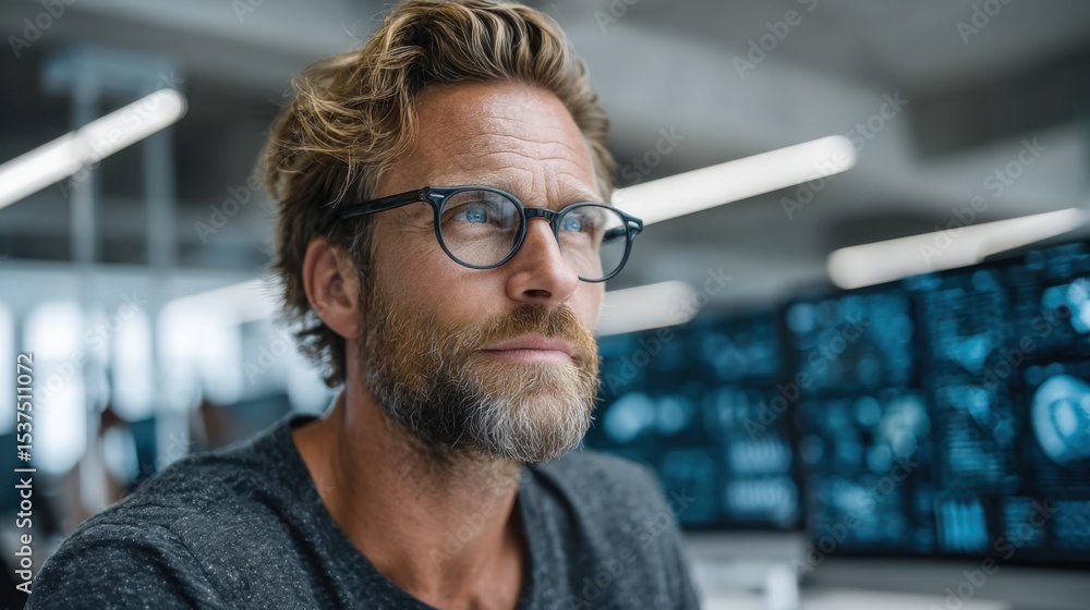 Poster a man with glasses and a beard is intently concentrating on his work at a sleek office desk. bright 