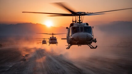 Three helicopters navigate through a dusty landscape at sunset, showcasing their agility and power against a backdrop of mountains and a vibrant sky.