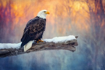 Majestic bald eagle perches on a snow-covered branch, its keen gaze capturing the wintry scene's essence.