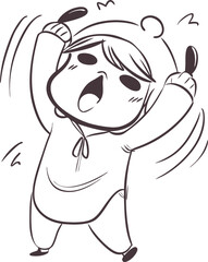 Sleepy Chinese Girl in Panda Onesie Yawning and Stretching – Cute Line Art Illustration with Cozy Expression

