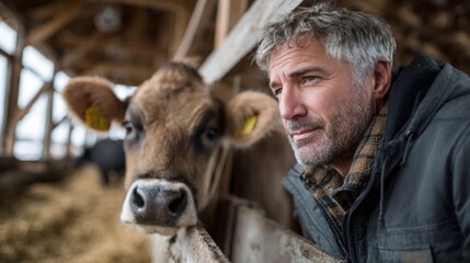A man leans against a wooden stall in a cozy barn, gazing thoughtfully at a brown cow. Straw litter covers the ground, highlighting rural life in winter.