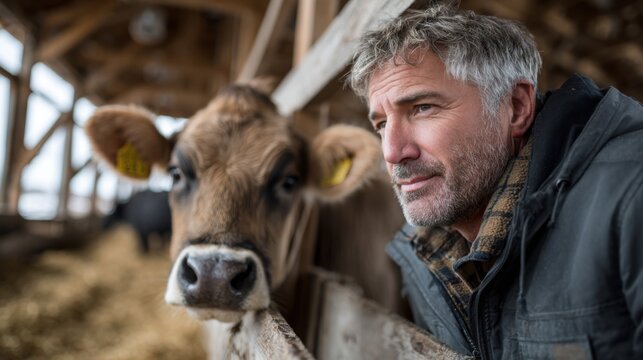 A man leans against a wooden stall in a cozy barn, gazing thoughtfully at a brown cow. Straw litter covers the ground, highlighting rural life in winter.