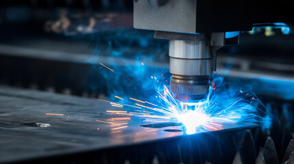 Industrial laser cutting machine processing sheet metal in a high-tech manufacturing facility.
