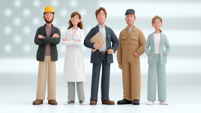 Group of diverse professionals standing together, showcasing various occupations and teamwork, symbolizing unity and dedication on Labor Day celebration