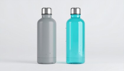 Gray and Teal Water Bottles on White Background