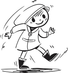 Joyful Chinese Girl Jumping into a Puddle in Raincoat and Boots – Happy Face Line Art Sketch Illustration

