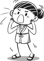 Chinese Girl in Summer Cheongsam Pretending to Cry with Exaggerated Tears – Playful Line Art Character Illustration


