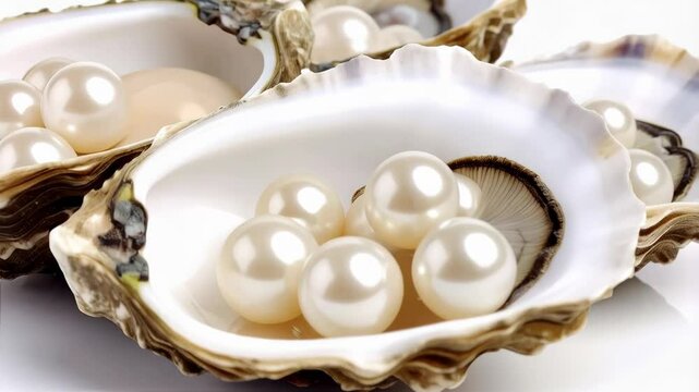 Elegant collection of oyster shells holding lustrous pearls isolated against a plain white backdrop showcasing their radiant shine.