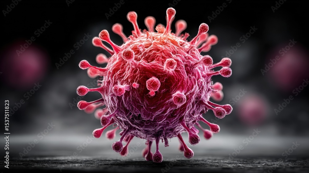 Poster a detailed representation of a virus showcasing its unique shape and properties.