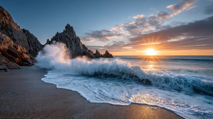 Fototapeta premium Sun sets over the ocean, bathing the rocky coastline in warm colors. Waves crash against the shore, creating a dynamic scene filled with nature's beauty.