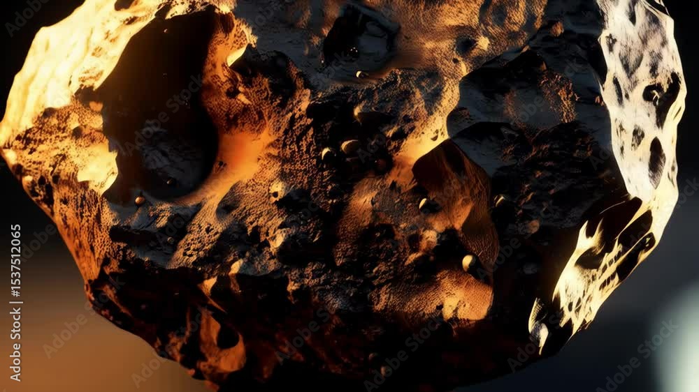 Poster detailed rendering of a textured asteroid in space, illuminated by a warm sunlight, with rocky and c