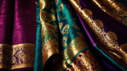 Indian Kanjeevaram Silk Background with Deep Jewel Tones and Gold Brocade